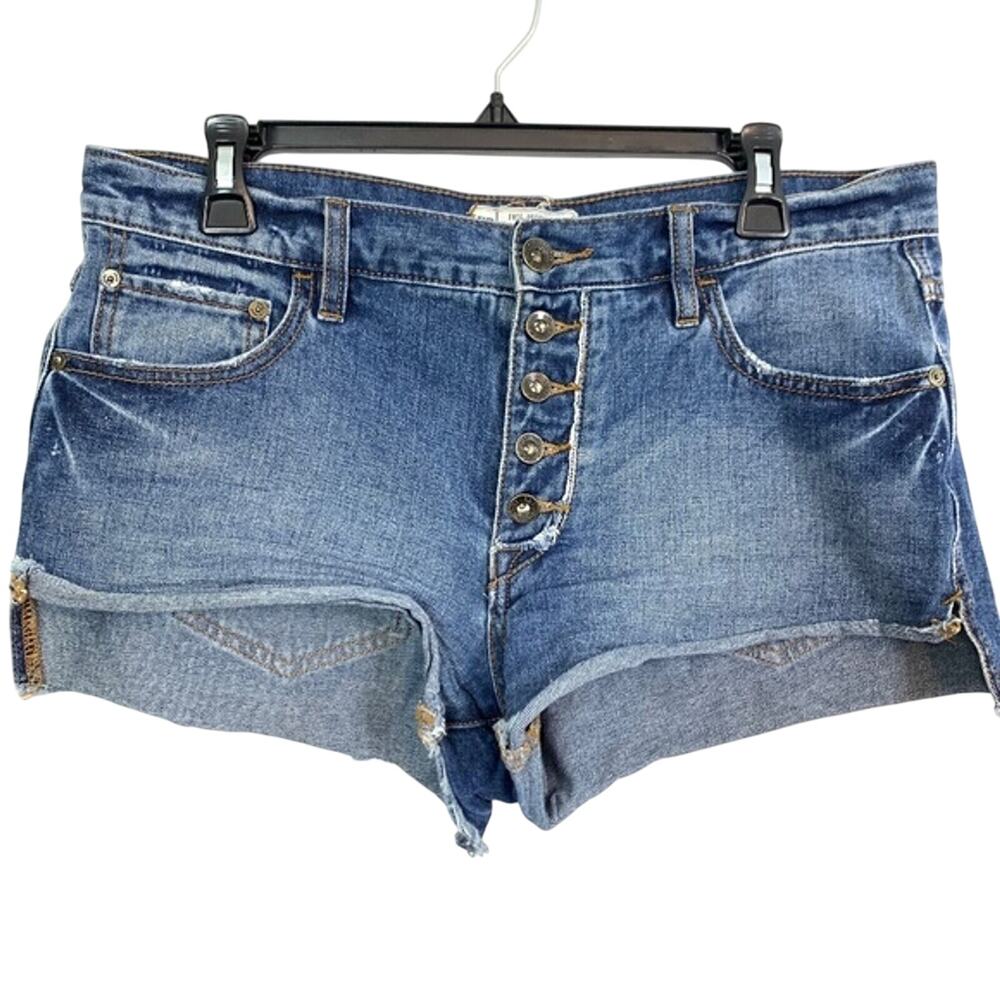 Free People Women's Blue Raw Hem Cut Offs High Rise Button Fly Jean Shorts sz 28